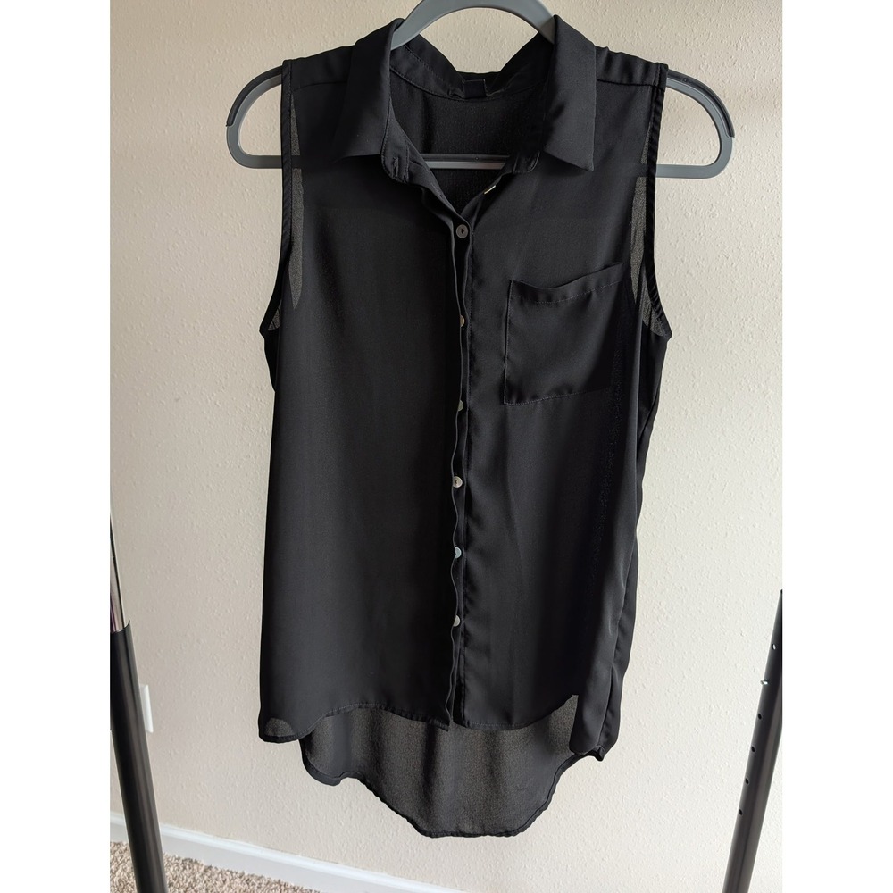 Forever 21 Womens Black Sleeveless Chiffon Button Down High Low Blouse Size M